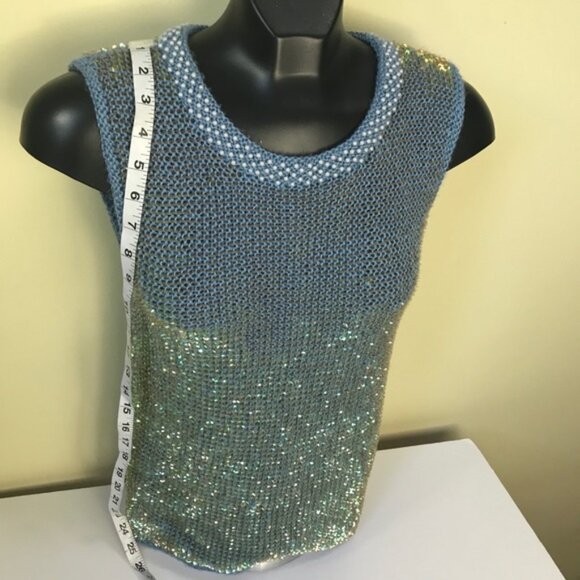 Mac & Jac Vintage Y2K Sleeveless Sweater Beads Sequins Metallic Top Blue Preppy - Picture 9 of 14